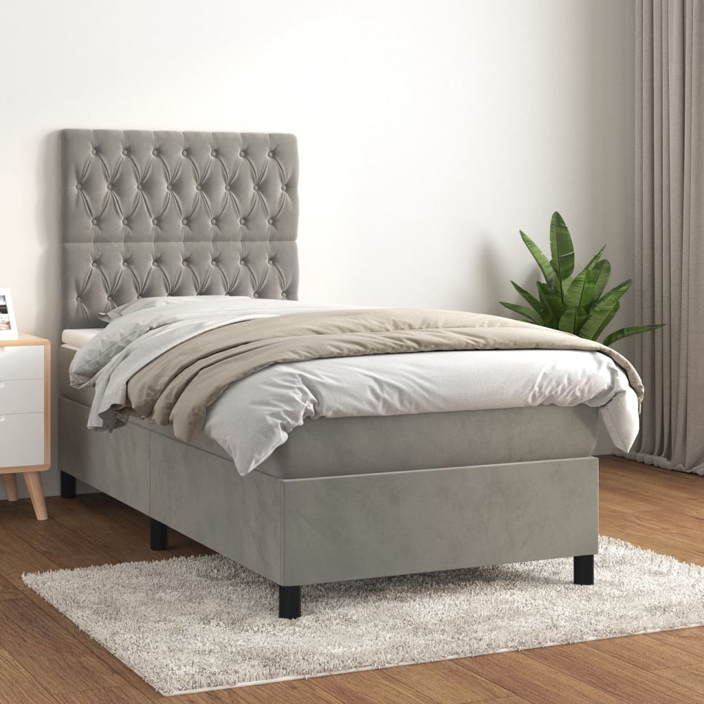 Κρεβάτι Boxspring με Στρώμα Ανοιχτό Γκρι 90x200 εκ. Βελούδινο - Pakobazaar