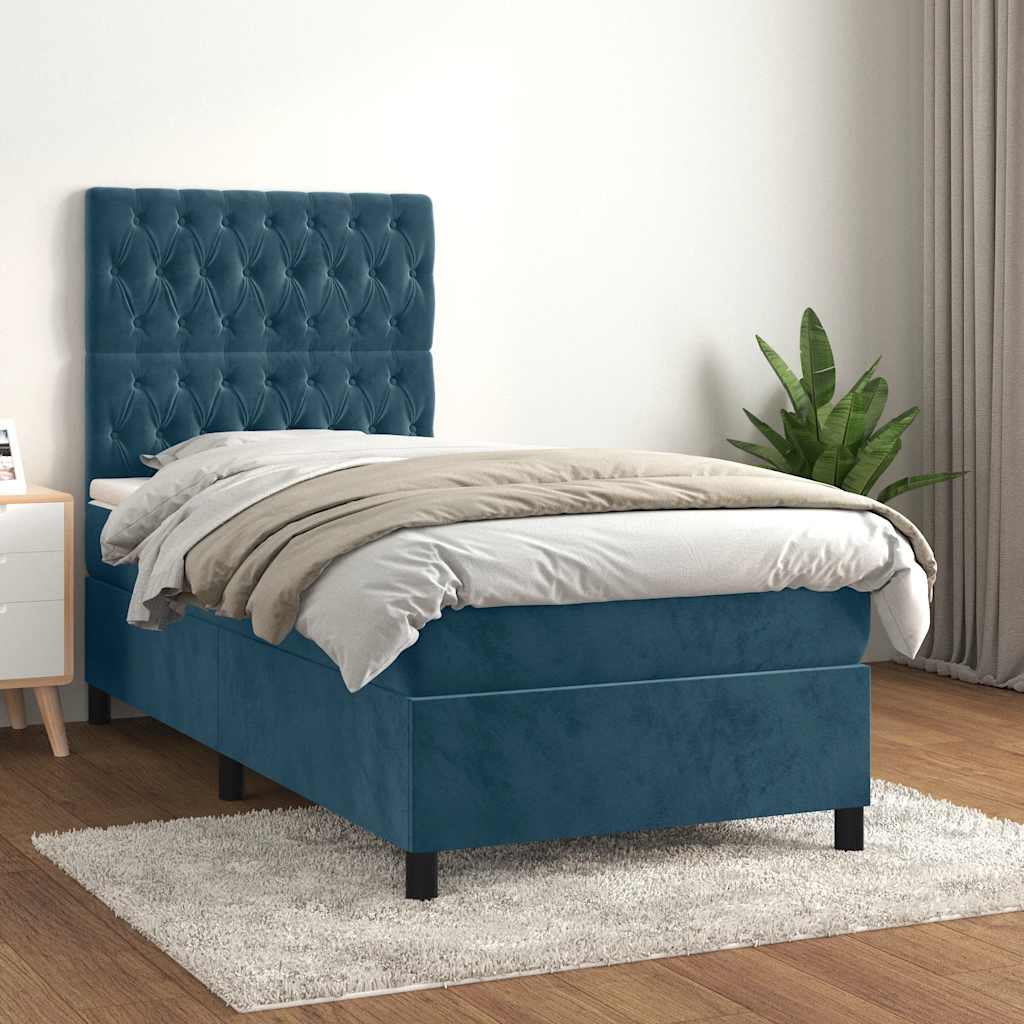 Κρεβάτι Boxspring με Στρώμα Σκούρο Μπλε 90x200 εκ. Βελούδινο - Pakobazaar