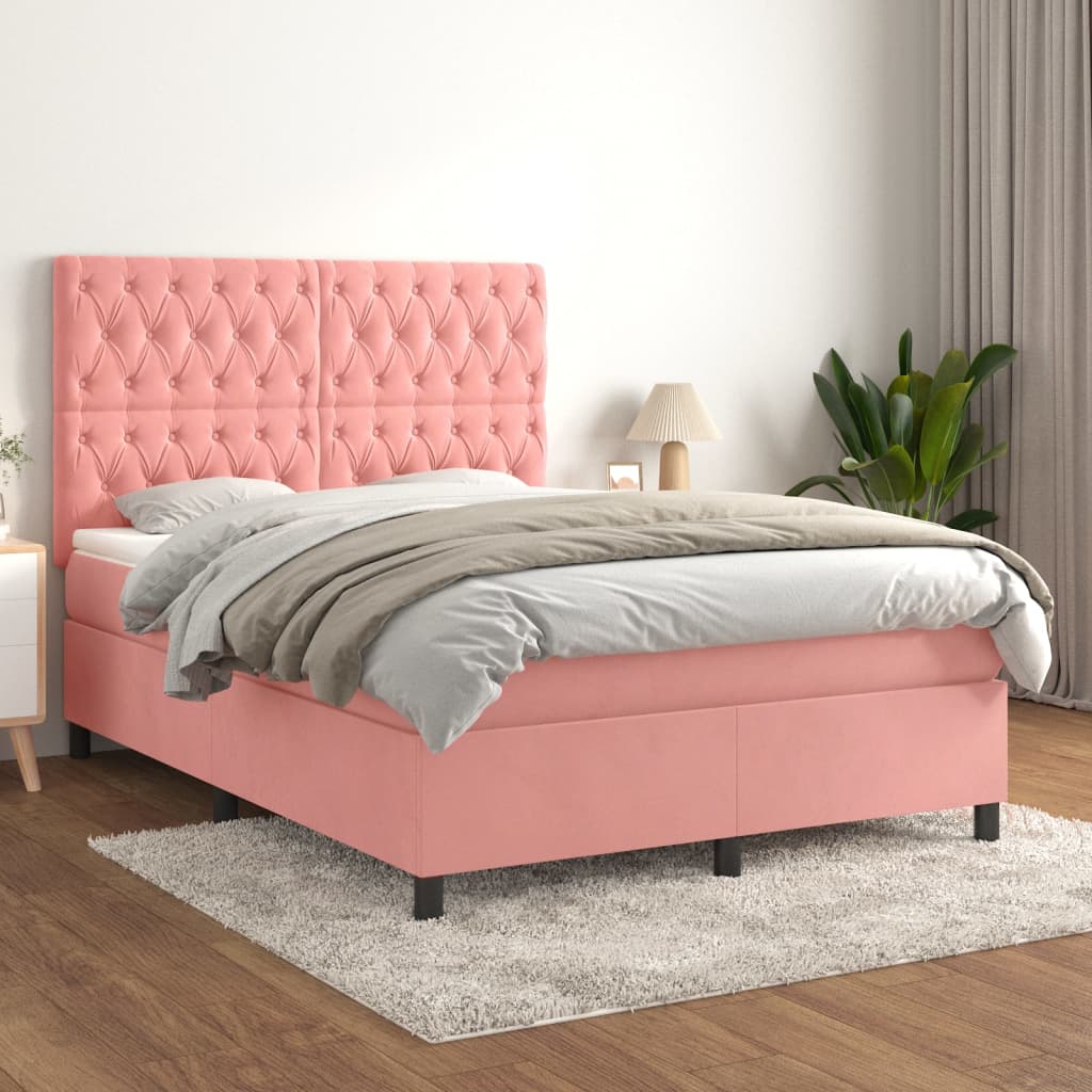 Κρεβάτι Boxspring με Στρώμα Ροζ 140x190 εκ. Βελούδινο - Pakobazaar