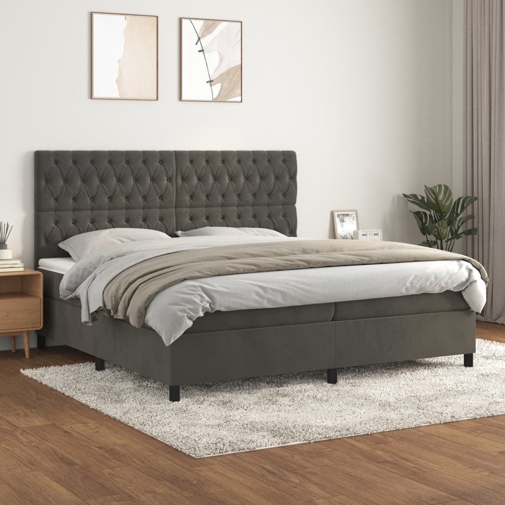 Κρεβάτι Boxspring με Στρώμα Σκούρο Γκρι 200x200 εκ. Βελούδινο - Pakobazaar