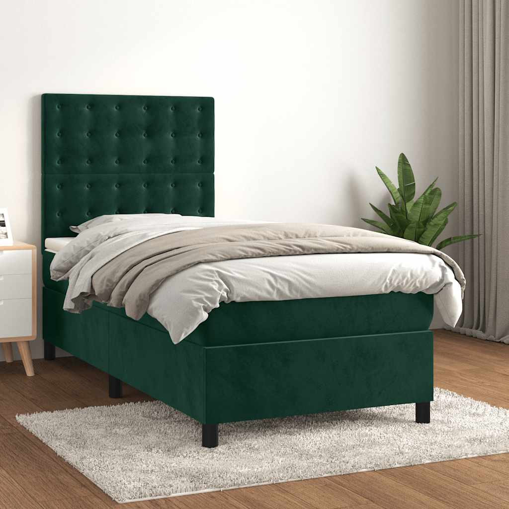 Κρεβάτι Boxspring με Στρώμα Σκούρο Πράσινο 90x190 εκ. Βελούδινο