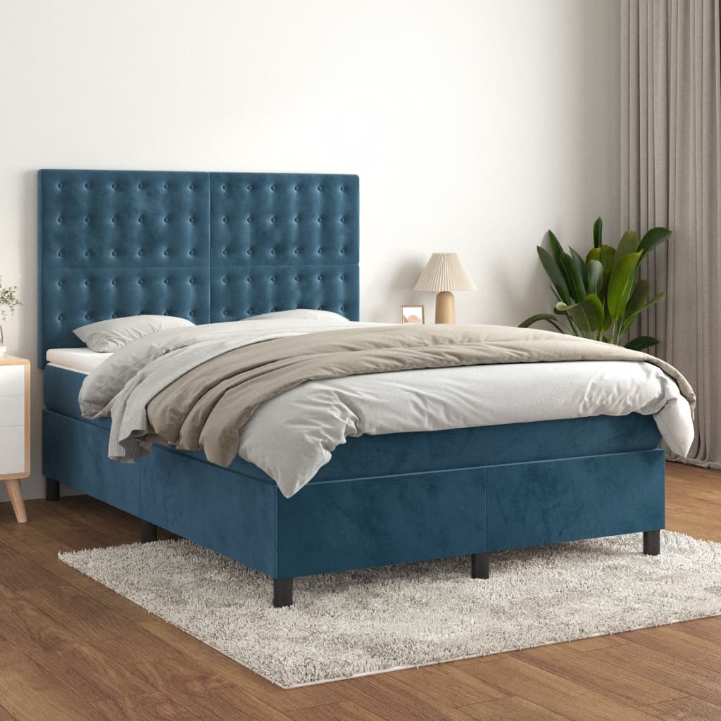 Κρεβάτι Boxspring με Στρώμα Σκούρο Μπλε 140x200 εκ. Βελούδινο - Pakobazaar
