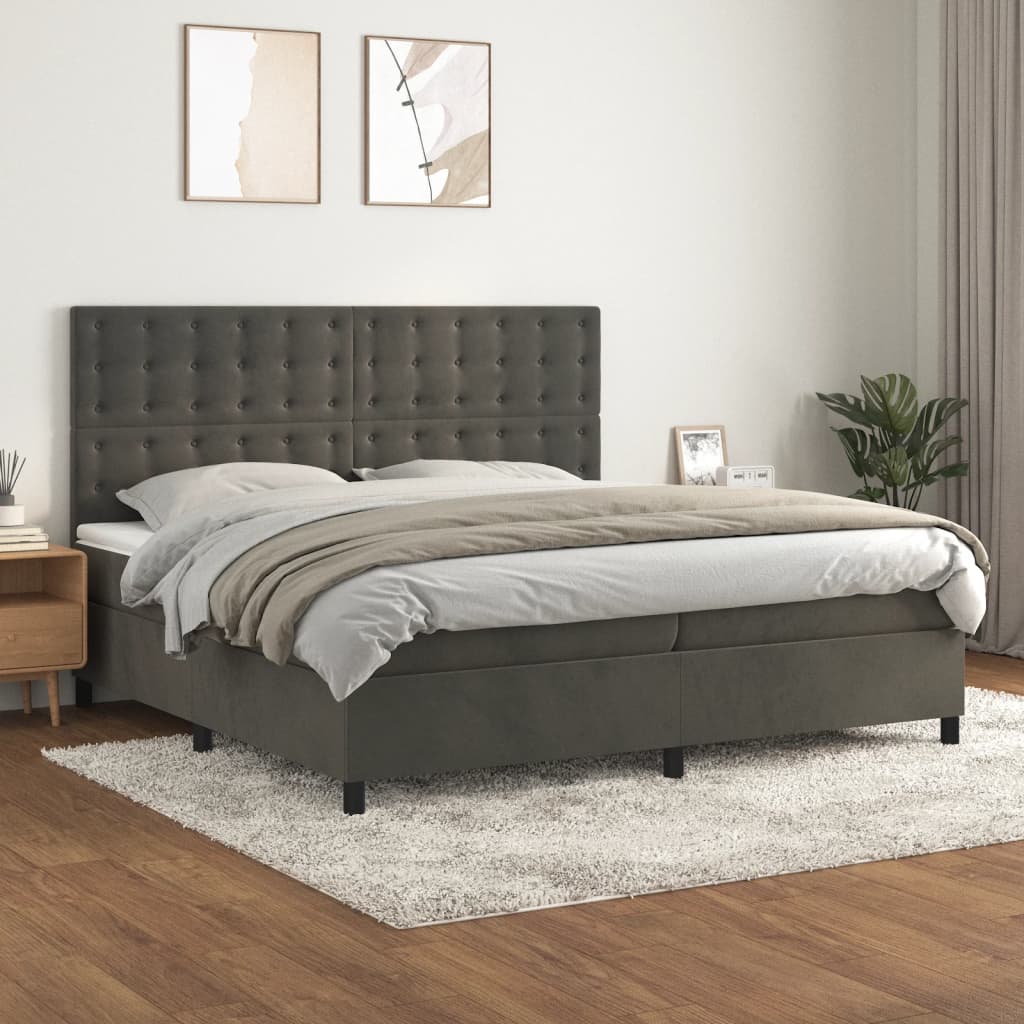 Κρεβάτι Boxspring με Στρώμα Σκούρο Γκρι 200x200 εκ. Βελούδινο - Pakobazaar