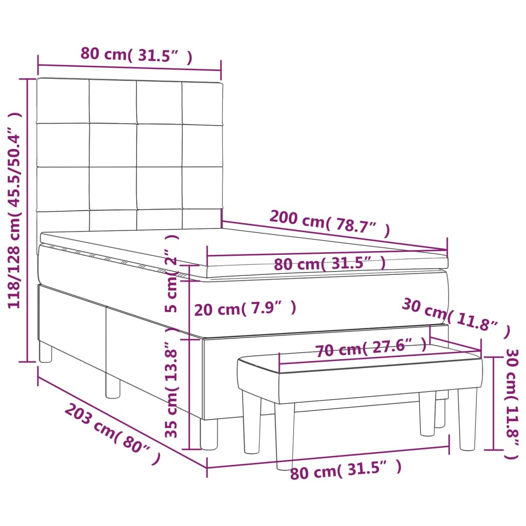 Κρεβάτι Boxspring με Στρώμα Κρεμ 80 x 200 εκ. Υφασμάτινο - Pakobazaar