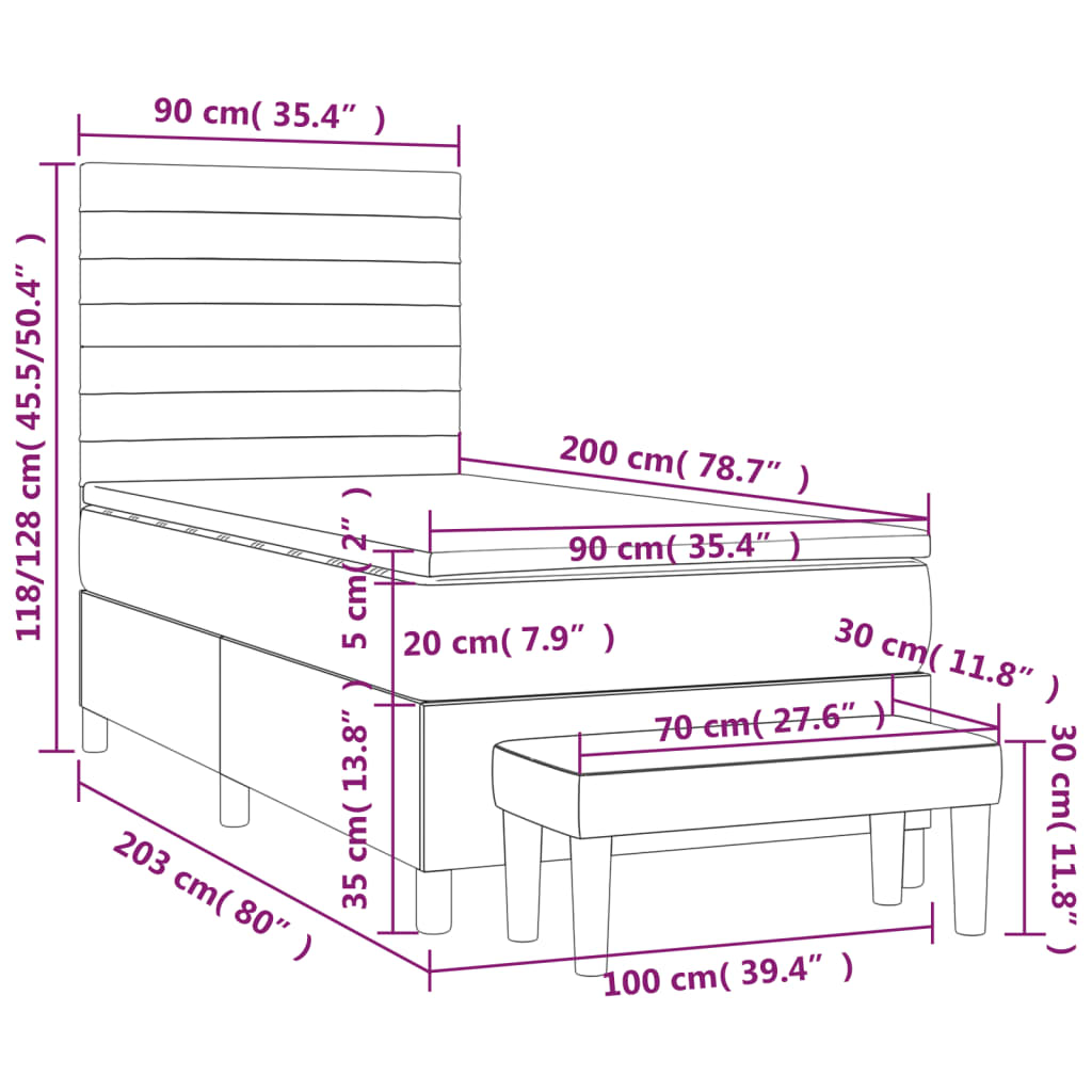 Κρεβάτι Boxspring με Στρώμα Σκούρο Γκρι 90x200 εκ. Υφασμάτινο