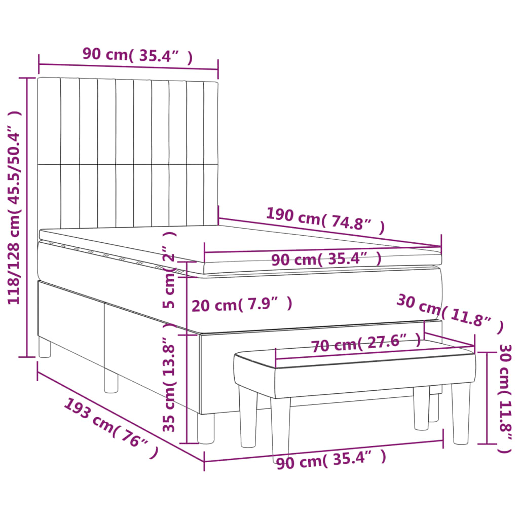 Κρεβάτι Boxspring με Στρώμα Σκούρο Γκρι 90x190 εκ. Υφασμάτινο