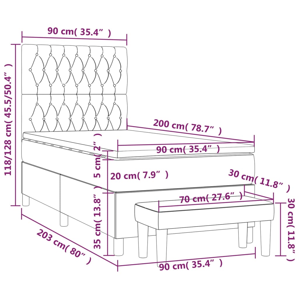 Κρεβάτι Boxspring με Στρώμα Σκούρο Γκρι 90x200 εκ. Υφασμάτινο
