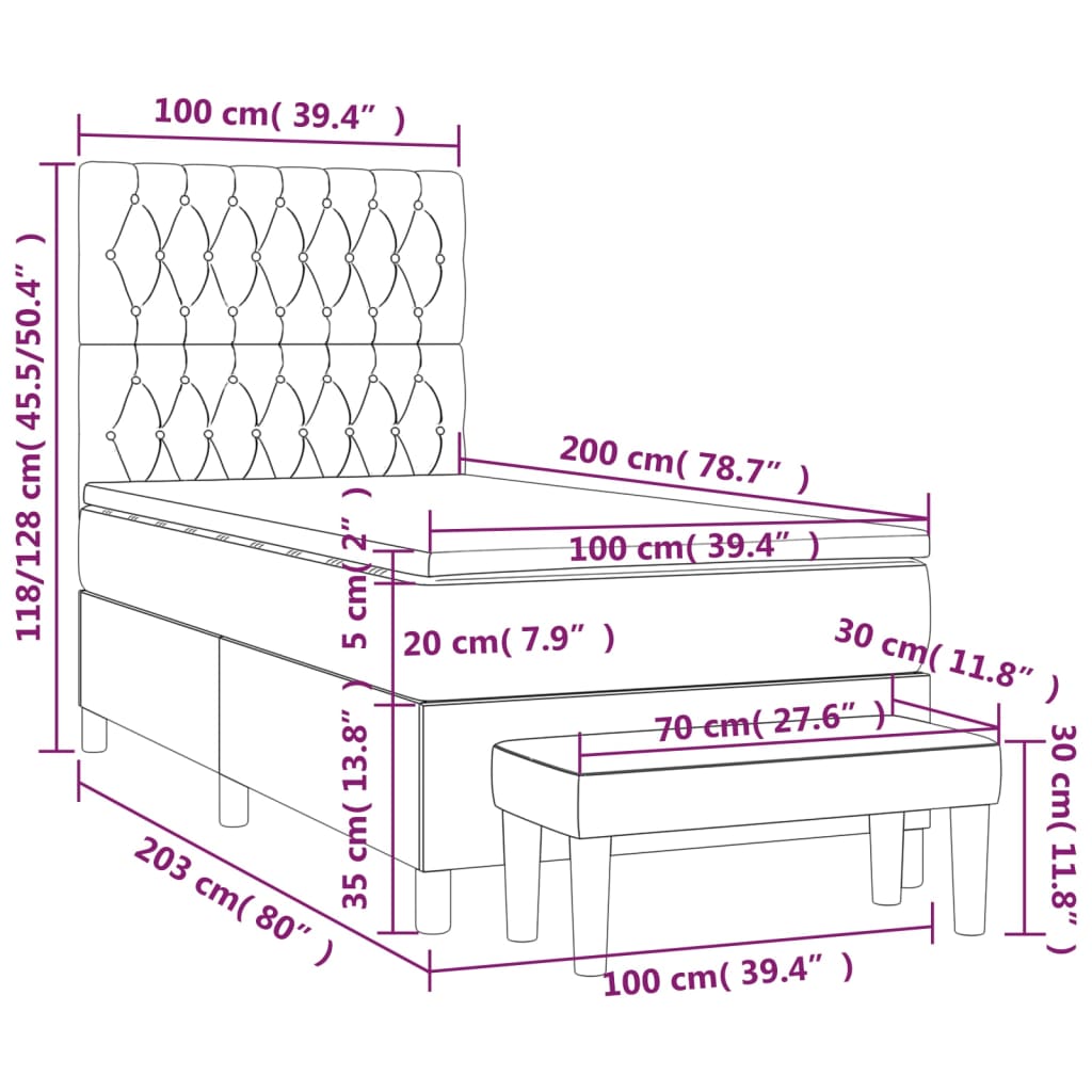 Κρεβάτι Boxspring με Στρώμα Μπλε 100 x 200 εκ. Υφασμάτινο - Pakobazaar