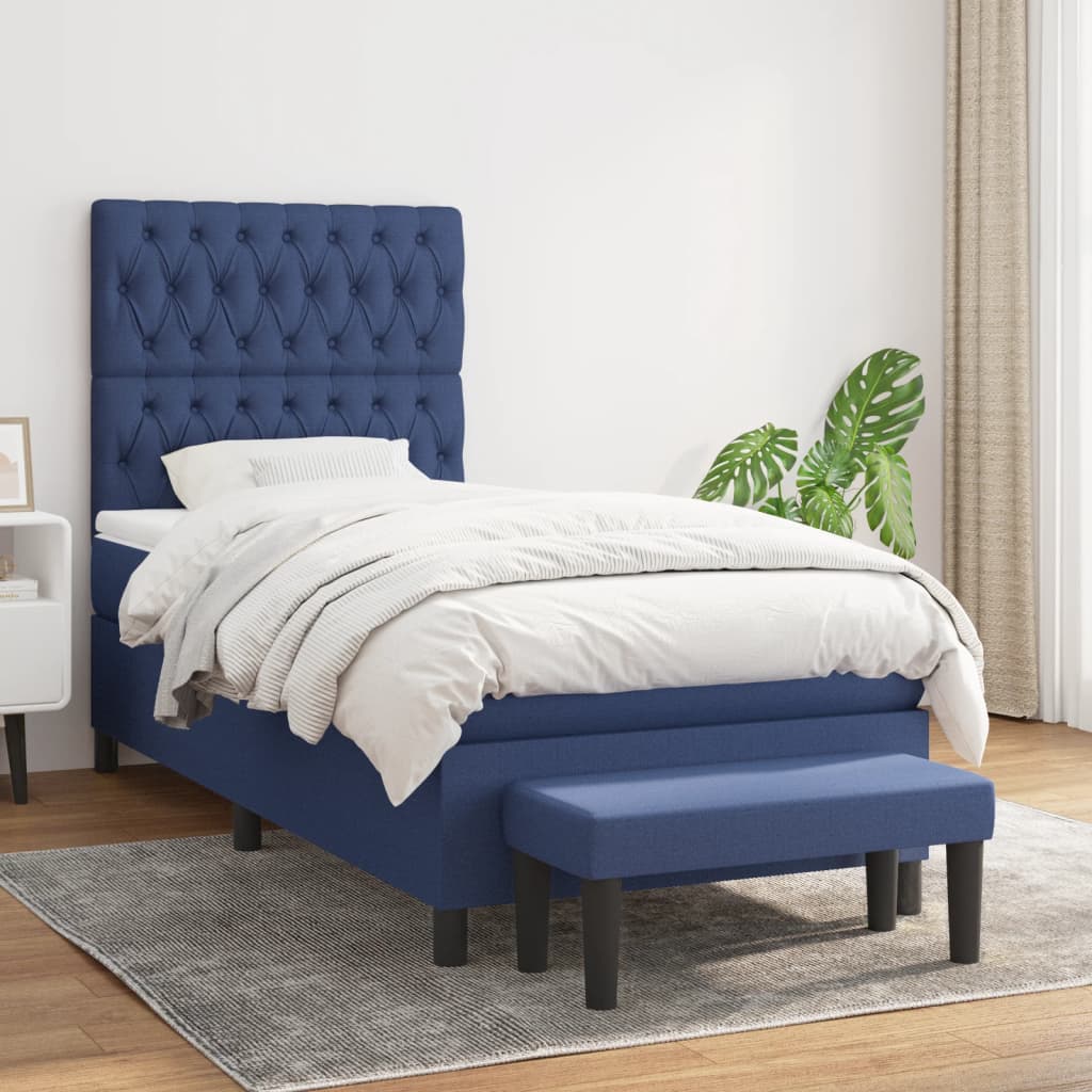 Κρεβάτι Boxspring με Στρώμα Μπλε 100 x 200 εκ. Υφασμάτινο - Pakobazaar