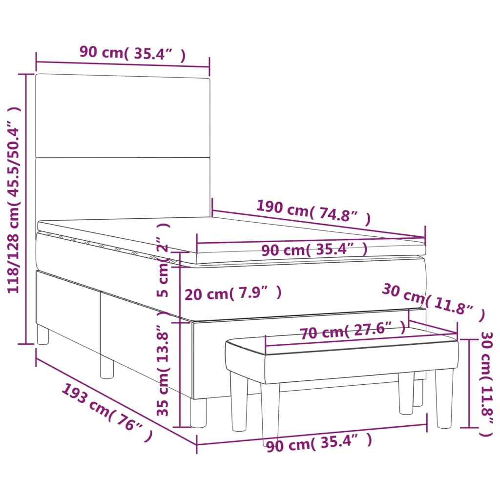 Κρεβάτι Boxspring με Στρώμα Σκούρο Καφέ 90x190 εκ. Υφασμάτινο
