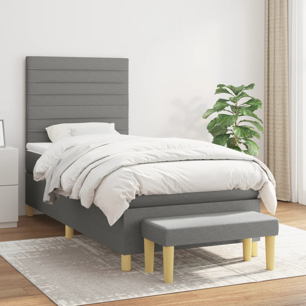 Κρεβάτι Boxspring με Στρώμα Σκούρο Γκρι 90x190 εκ. Υφασμάτινο