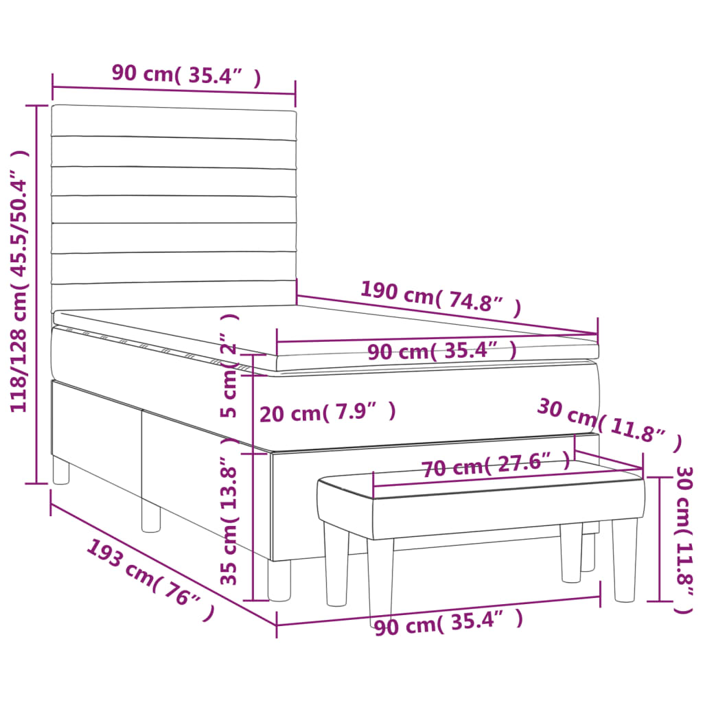 Κρεβάτι Boxspring με Στρώμα Σκούρο Καφέ 90x190 εκ. Υφασμάτινο