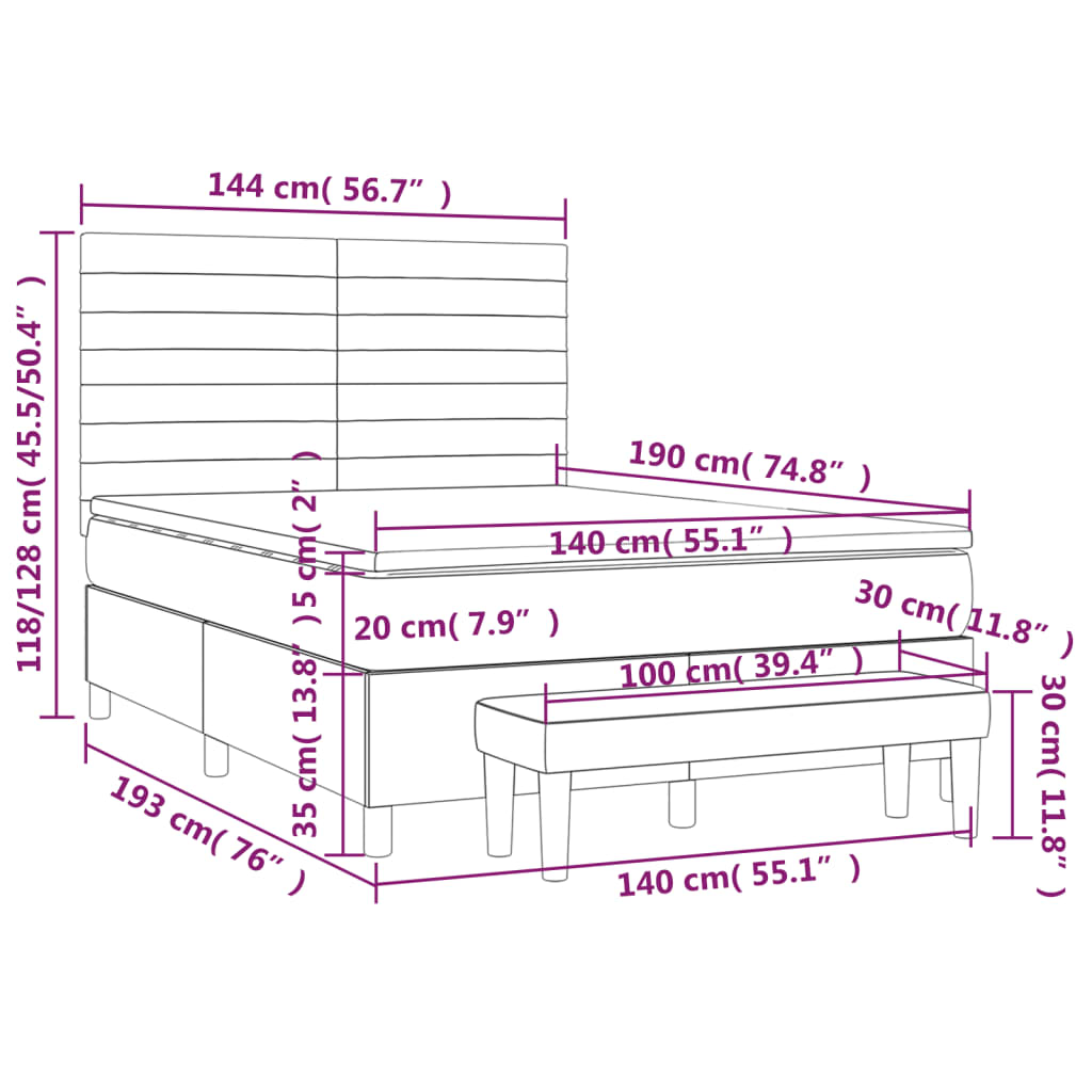 Κρεβάτι Boxspring με Στρώμα Σκούρο Γκρι 140x190 εκ. Υφασμάτινο