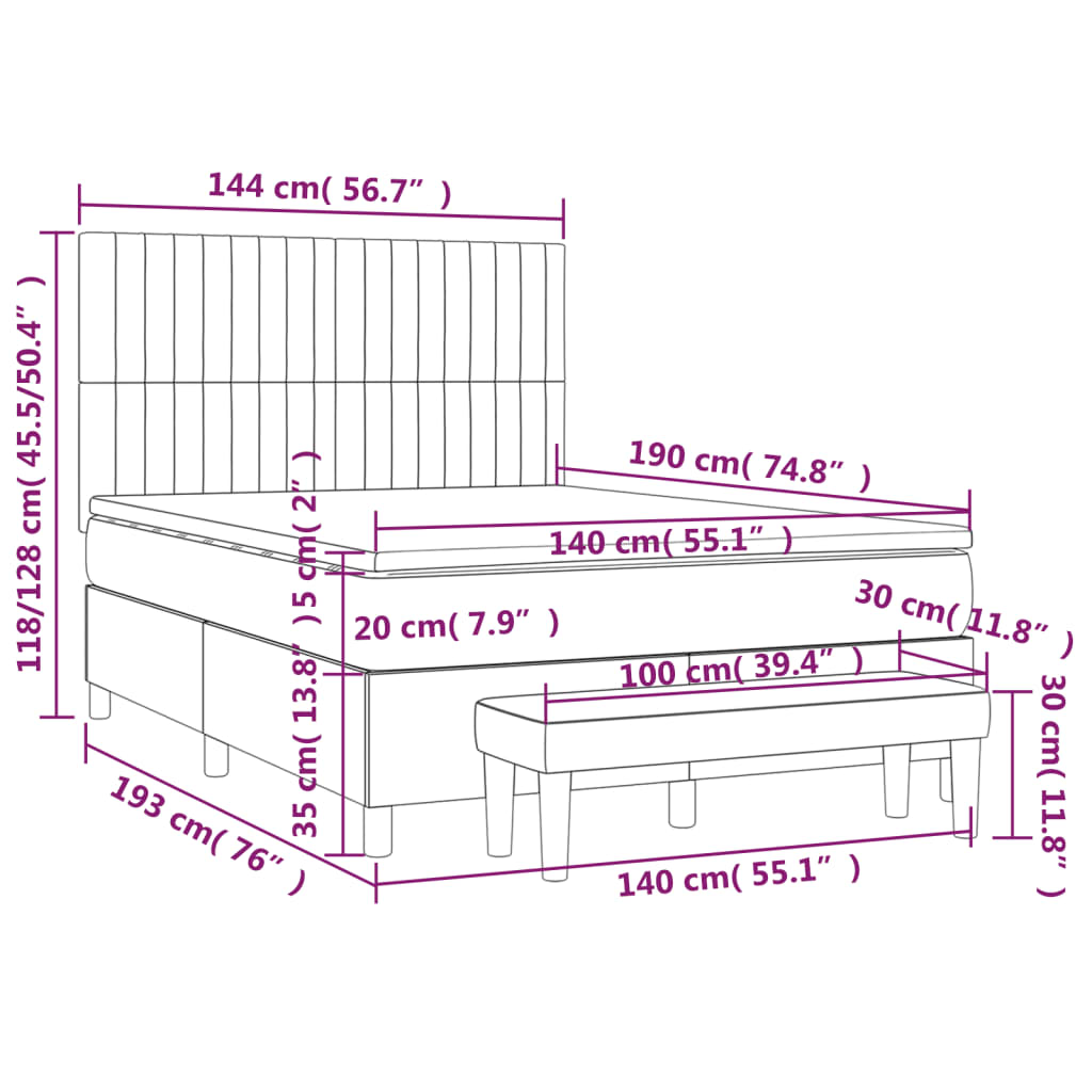 Κρεβάτι Boxspring με Στρώμα Σκούρο Γκρι 140x190 εκ. Υφασμάτινο