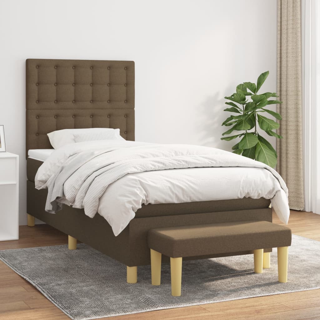 Κρεβάτι Boxspring με Στρώμα Σκούρο Καφέ 90x190 εκ. Υφασμάτινο