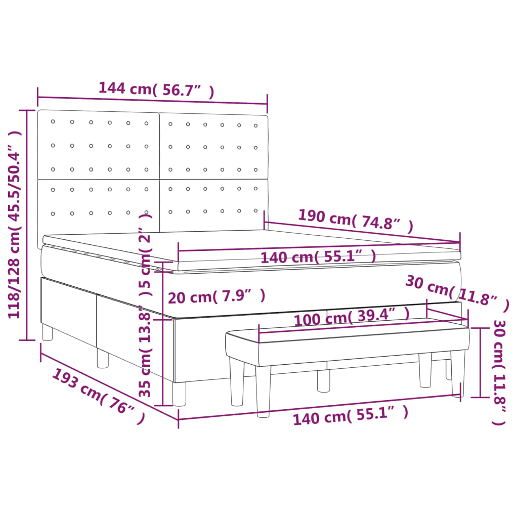 Κρεβάτι Boxspring με Στρώμα Ανοιχτό Γκρι 140x190 εκ. Υφασμάτινο
