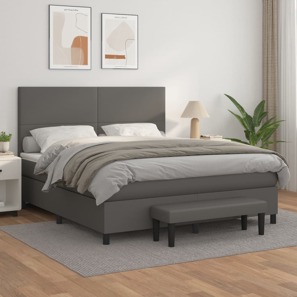 Κρεβάτι Boxspring με Στρώμα Γκρι 160x200εκ. από Συνθετικό Δέρμα