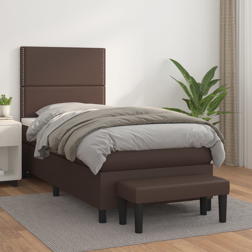 Κρεβάτι Boxspring με Στρώμα Καφέ 90x190 εκ. από Συνθετικό Δέρμα