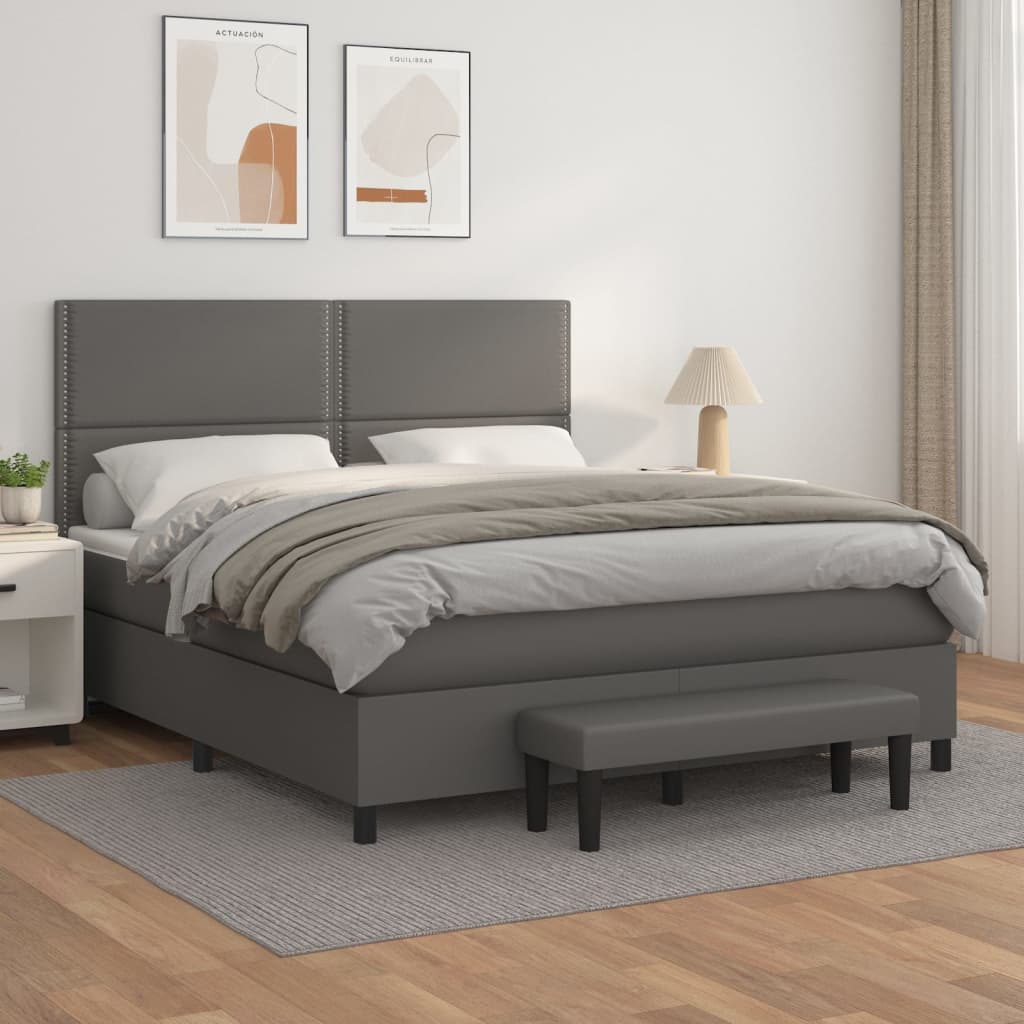 Κρεβάτι Boxspring με Στρώμα Γκρι 160x200εκ. από Συνθετικό Δέρμα