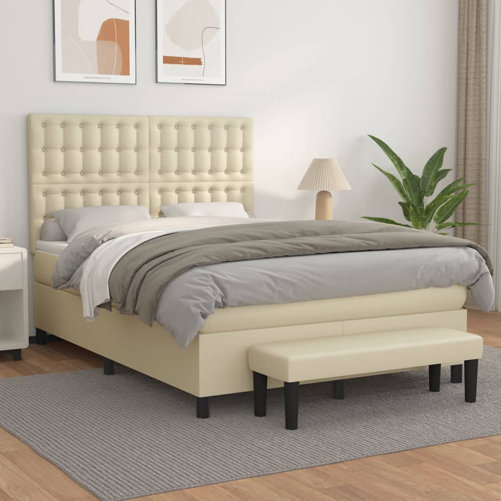 Κρεβάτι Boxspring με Στρώμα Κρεμ 140x190εκ. από Συνθετικό Δέρμα - Pakobazaar