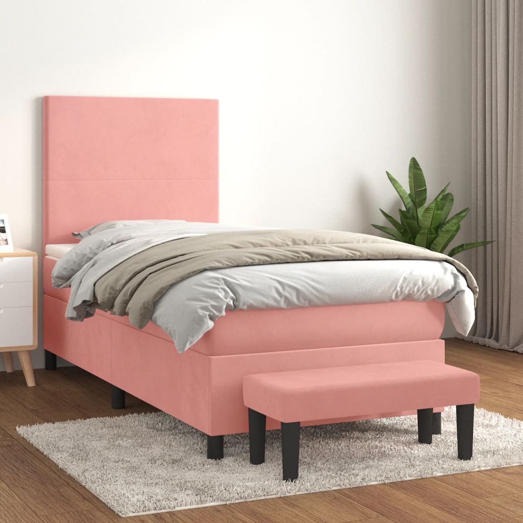 Κρεβάτι Boxspring με Στρώμα Ροζ 90x200 εκ. Βελούδινο - Pakobazaar