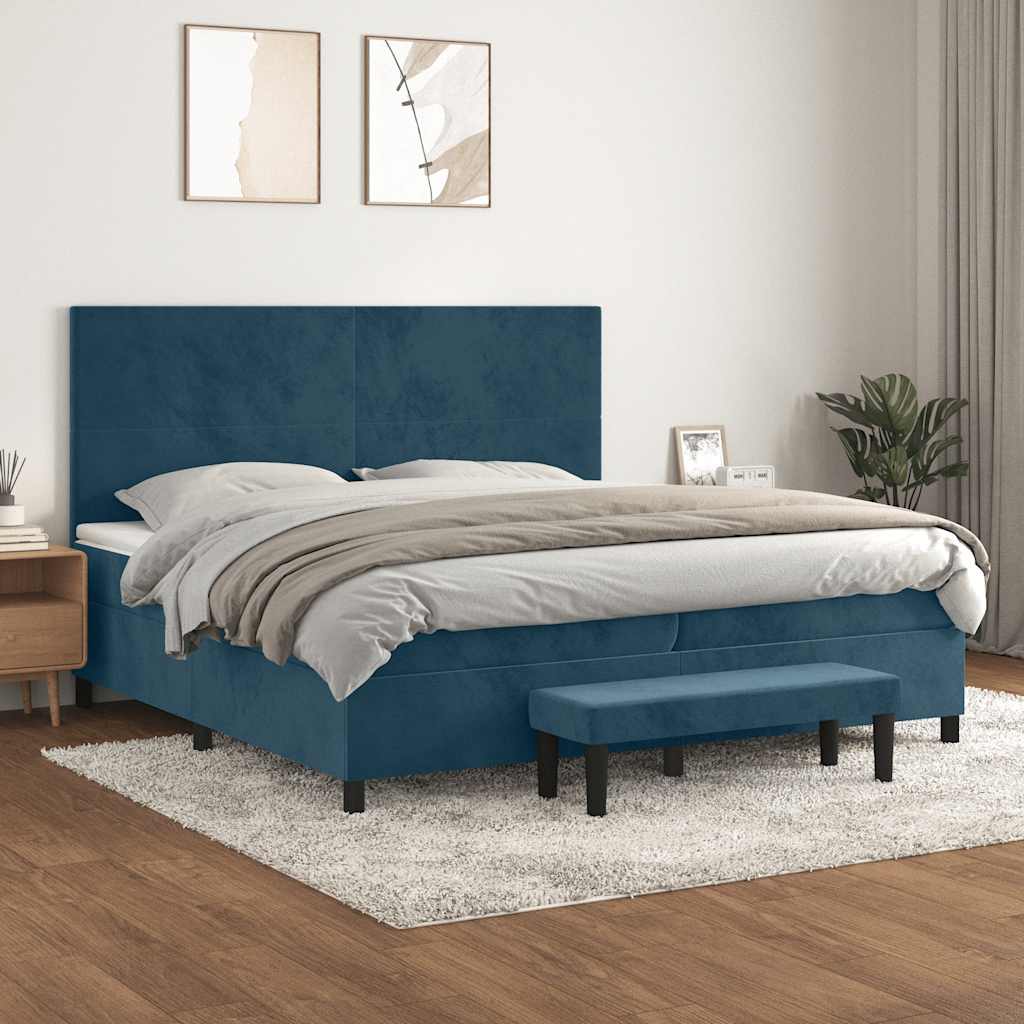 Κρεβάτι Boxspring με Στρώμα Σκούρο Μπλε 200x200 εκ. Βελούδινο - Pakobazaar