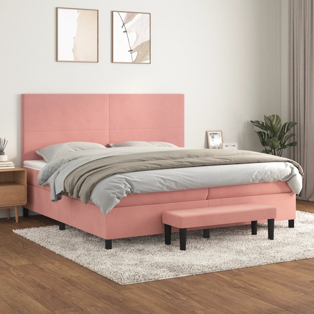 Κρεβάτι Boxspring με Στρώμα Ροζ 200x200 εκ. Βελούδινο - Pakobazaar