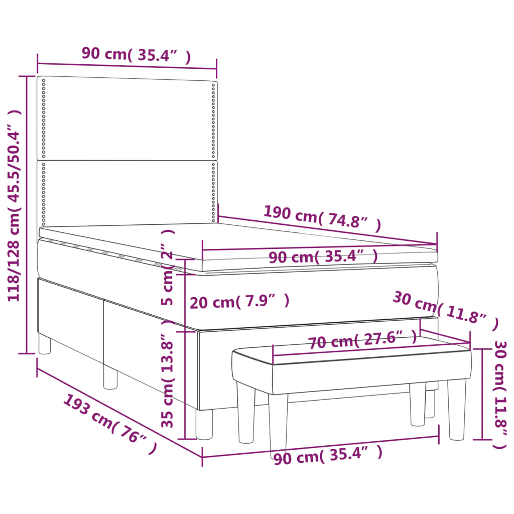 Κρεβάτι Boxspring με Στρώμα Σκούρο Μπλε 90x190 εκ. Βελούδινο
