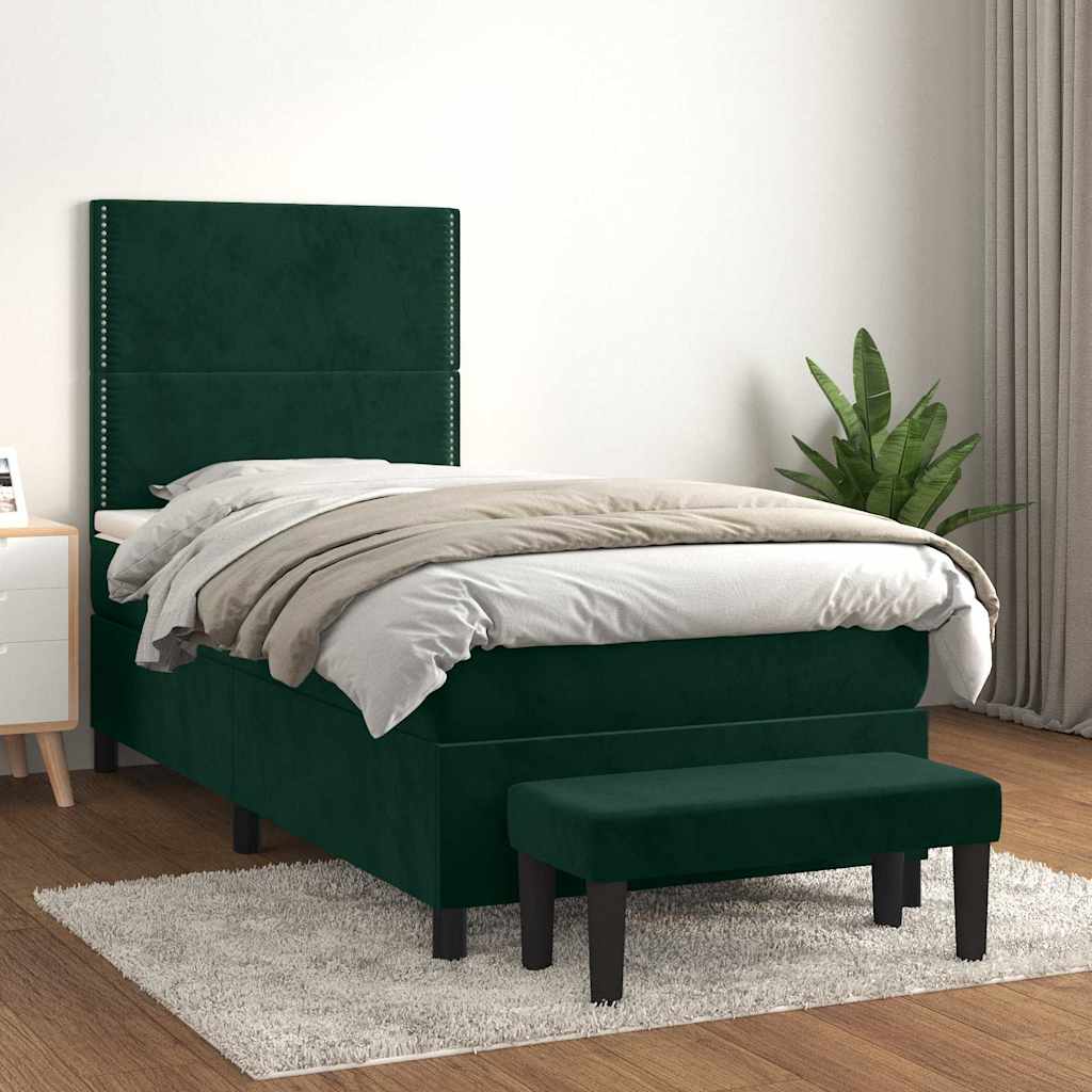 Κρεβάτι Boxspring με Στρώμα Σκούρο Πράσινο 90x200 εκ. Βελούδινο