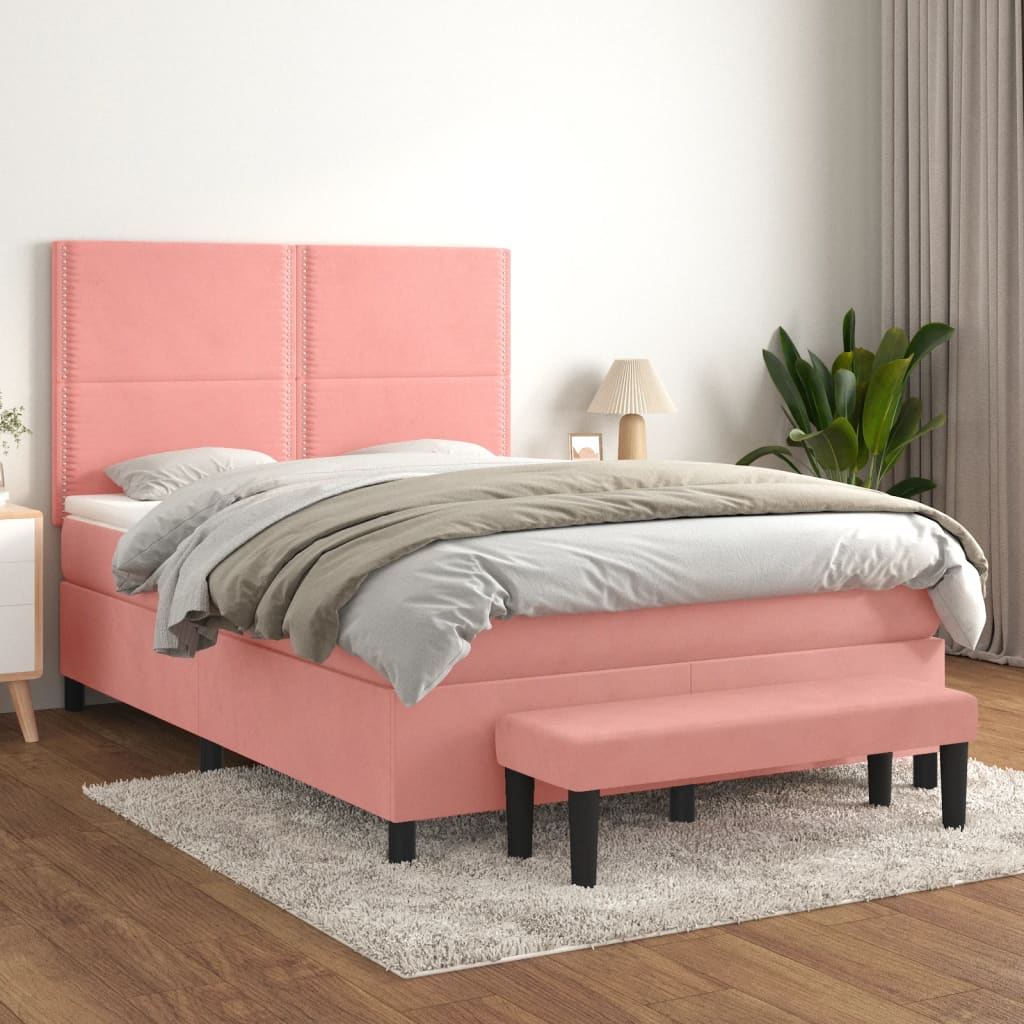 Κρεβάτι Boxspring με Στρώμα Ροζ 140x190 εκ. Βελούδινο - Pakobazaar