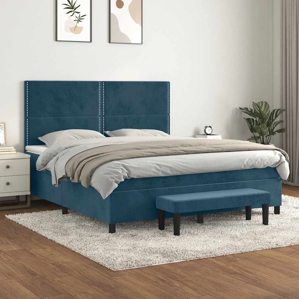 Κρεβάτι Boxspring με Στρώμα Σκούρο Μπλε 160x200 εκ. Βελούδινο - Pakobazaar