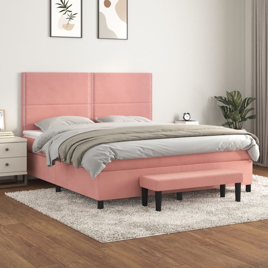 Κρεβάτι Boxspring με Στρώμα Ροζ 160x200 εκ. Βελούδινο - Pakobazaar