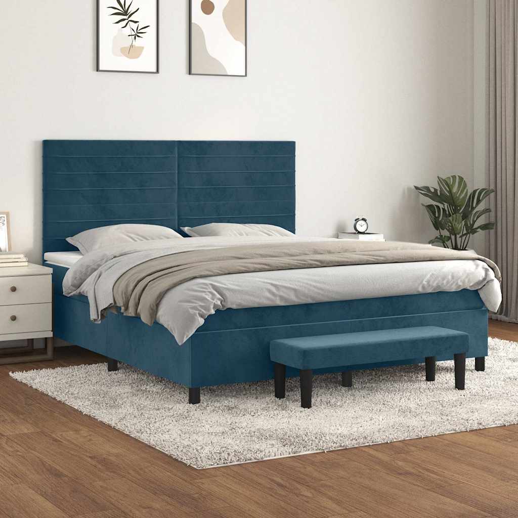 Κρεβάτι Boxspring με Στρώμα Σκούρο Μπλε 160x200 εκ. Βελούδινο - Pakobazaar
