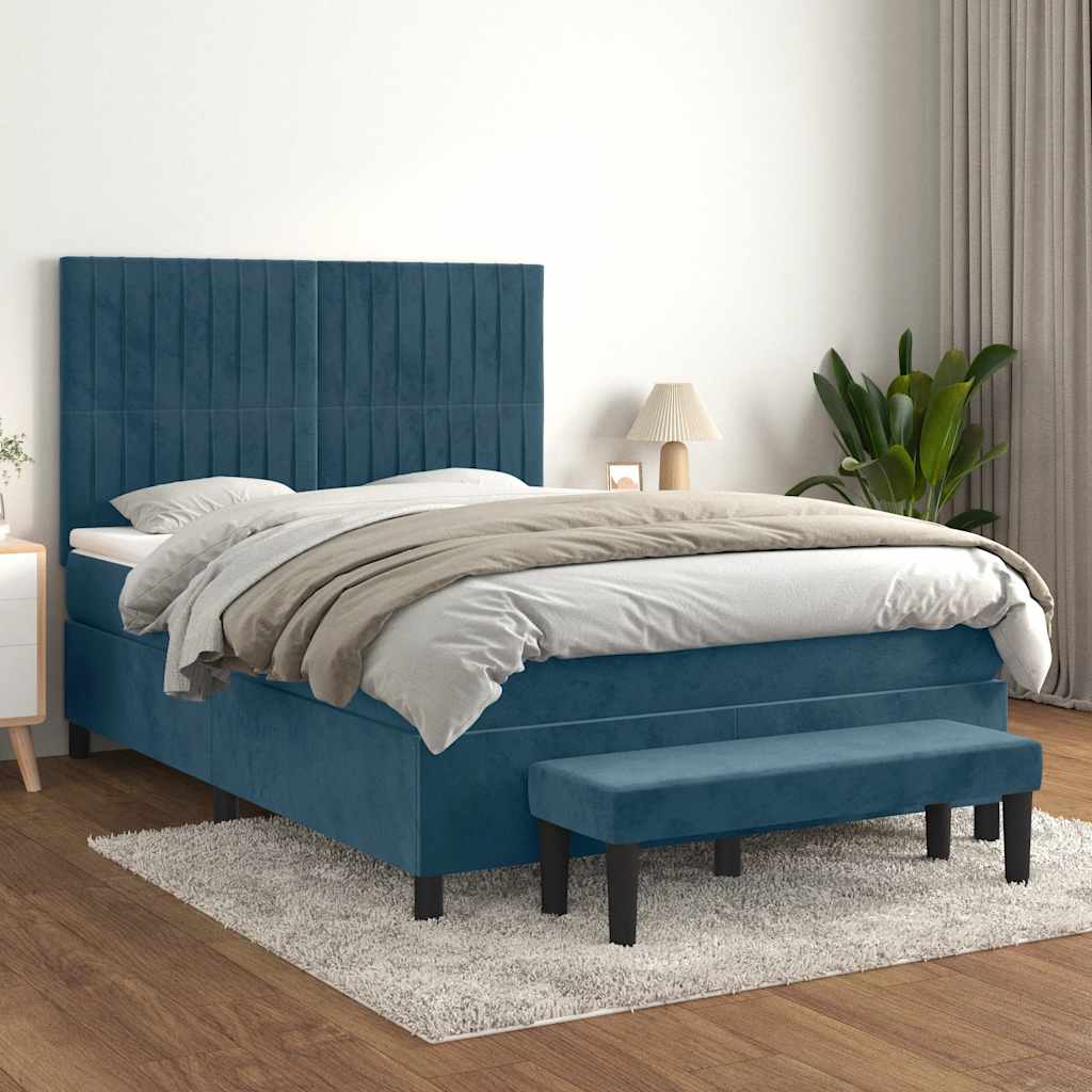 Κρεβάτι Boxspring με Στρώμα Σκούρο Μπλε 140x190 εκ. Βελούδινο - Pakobazaar
