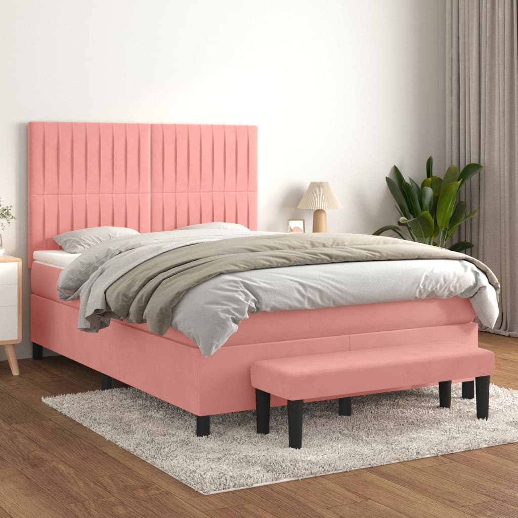 Κρεβάτι Boxspring με Στρώμα Ροζ 140x190 εκ. Βελούδινο - Pakobazaar