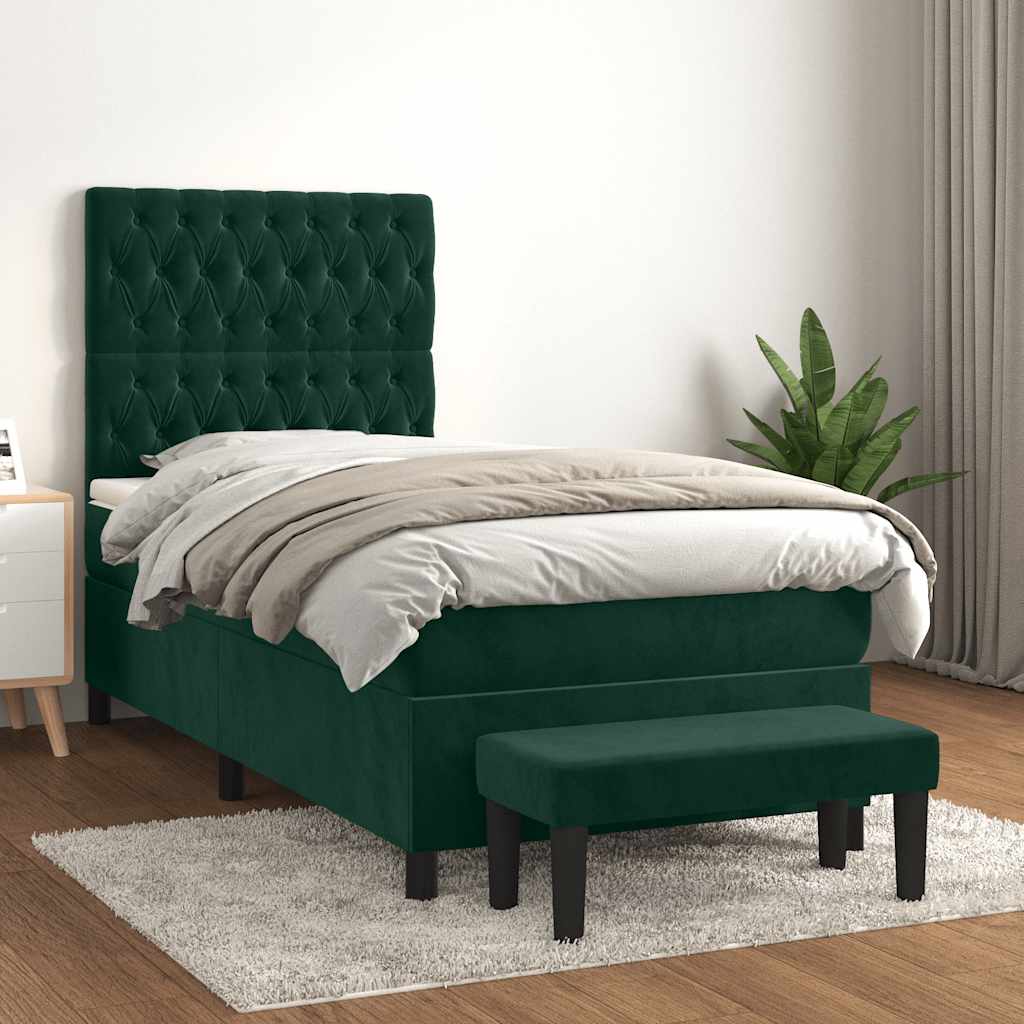 Κρεβάτι Boxspring με Στρώμα Σκούρο Πράσινο 90x190 εκ. Βελούδινο - Pakobazaar
