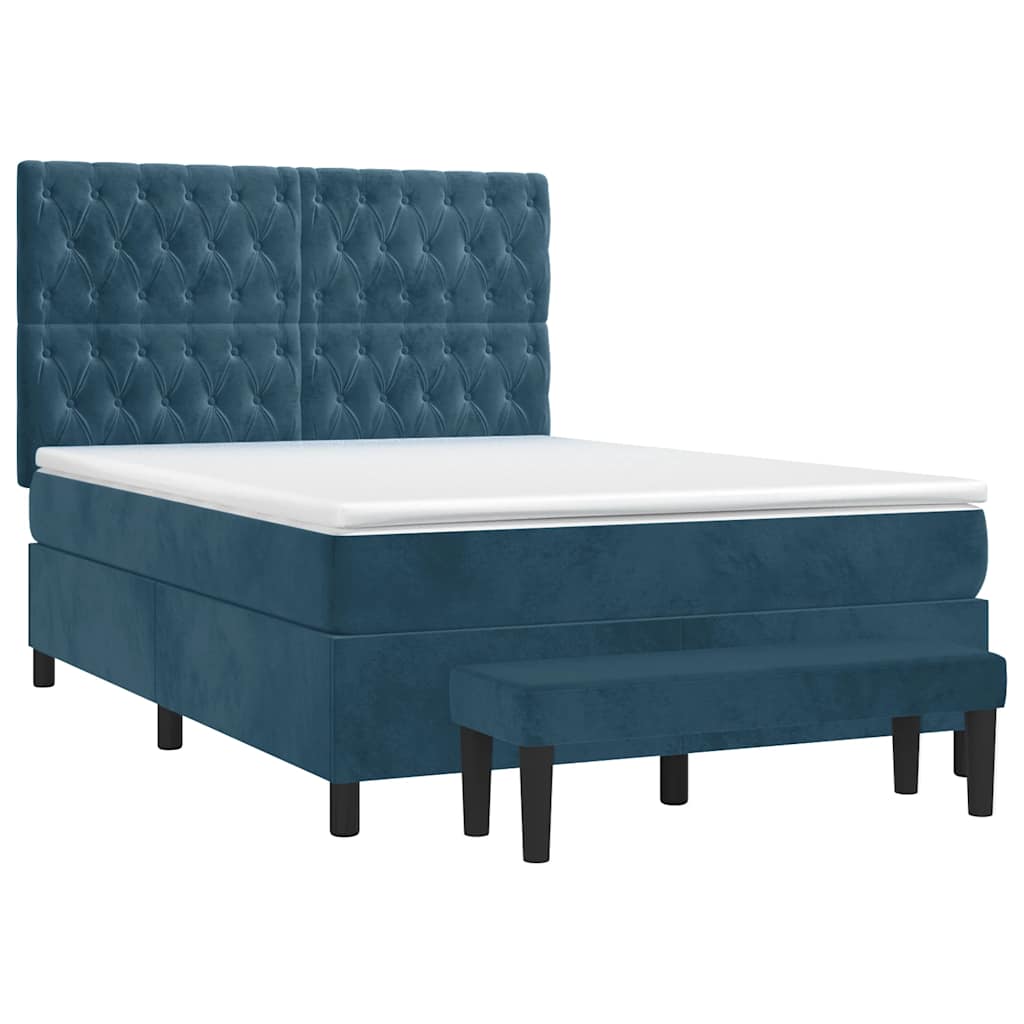 Κρεβάτι Boxspring με Στρώμα Σκούρο Μπλε 140x190 εκ. Βελούδινο - Pakobazaar