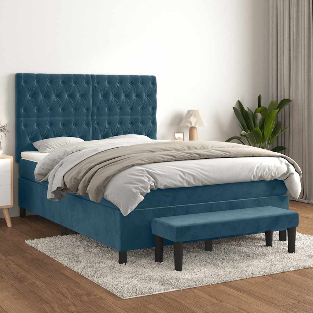 Κρεβάτι Boxspring με Στρώμα Σκούρο Μπλε 140x190 εκ. Βελούδινο - Pakobazaar