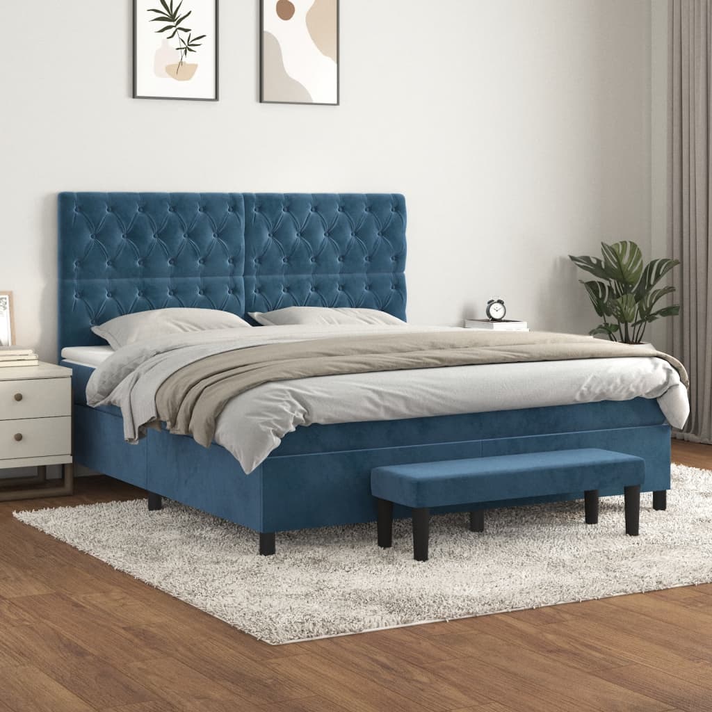 Κρεβάτι Boxspring με Στρώμα Σκούρο Μπλε 160x200 εκ. Βελούδινο