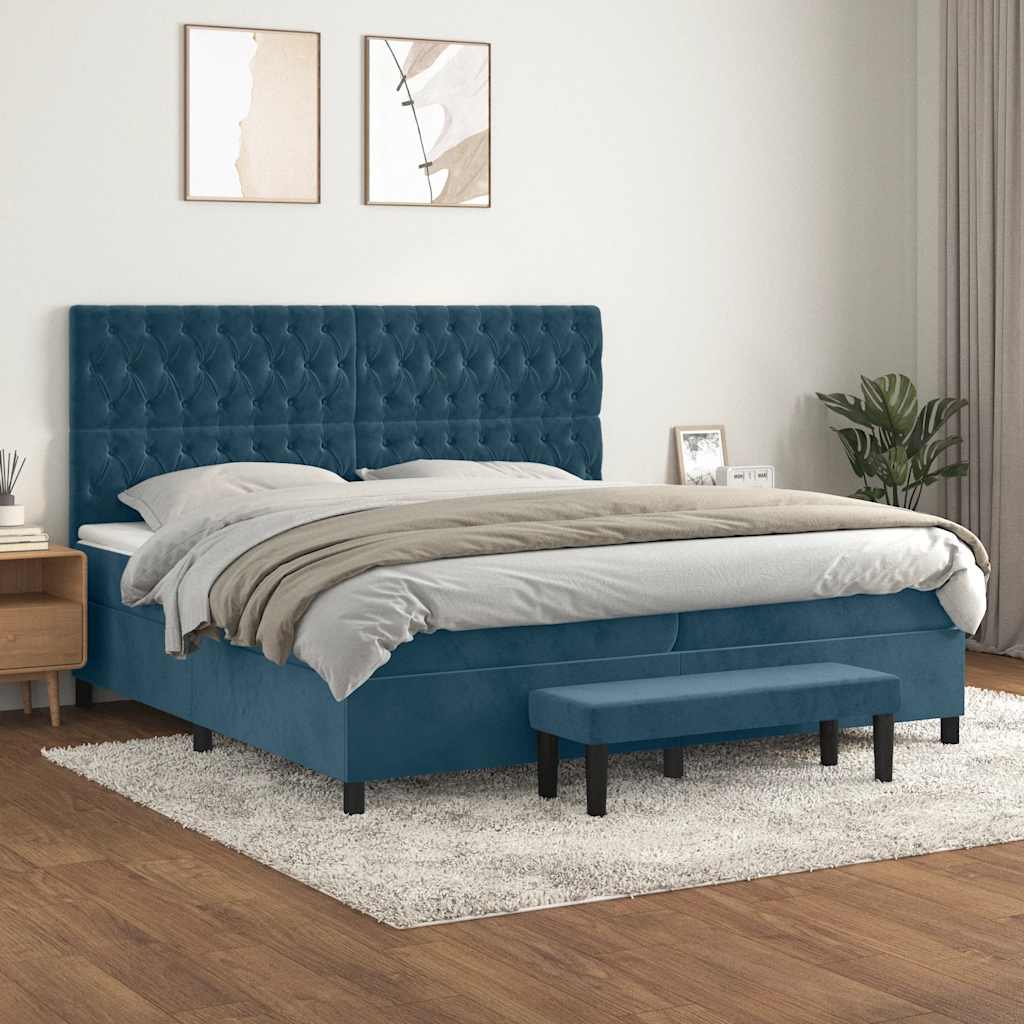 Κρεβάτι Boxspring με Στρώμα Σκούρο Μπλε 200x200 εκ. Βελούδινο - Pakobazaar