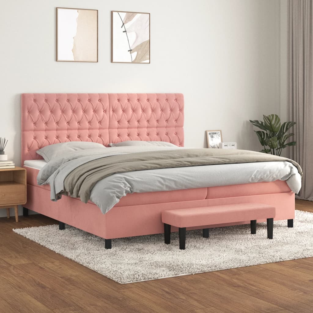 Κρεβάτι Boxspring με Στρώμα Ροζ 200x200 εκ. Βελούδινο - Pakobazaar