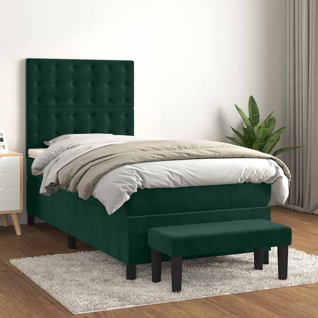 Κρεβάτι Boxspring με Στρώμα Σκούρο Πράσινο 90x190 εκ. Βελούδινο - Pakobazaar