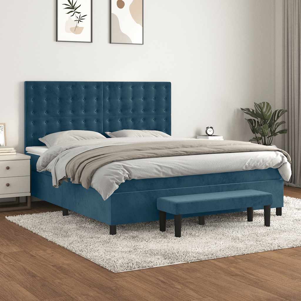 Κρεβάτι Boxspring με Στρώμα Σκούρο Μπλε 160x200 εκ. Βελούδινο - Pakobazaar