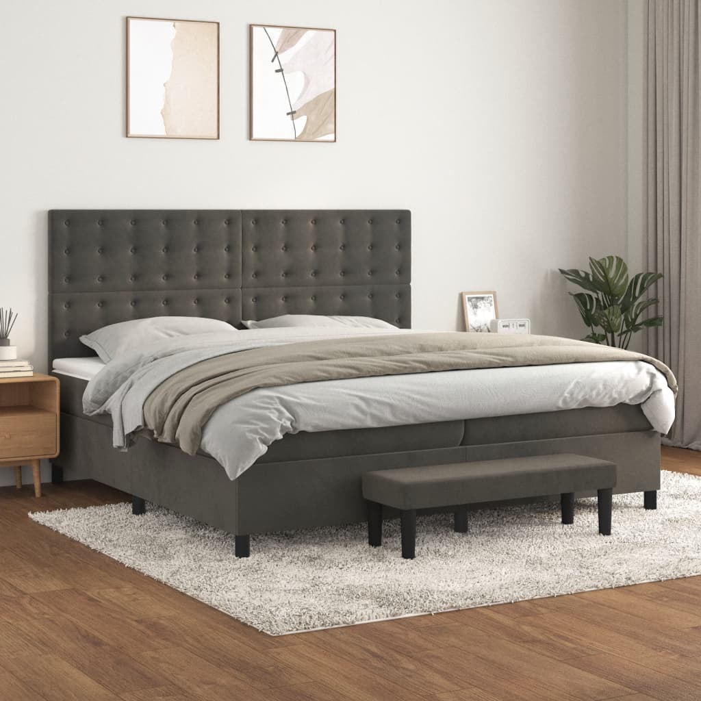 Κρεβάτι Boxspring με Στρώμα Σκούρο Γκρι 200x200 εκ. Βελούδινο - Pakobazaar