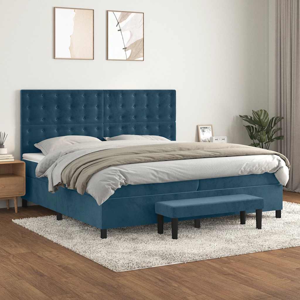 Κρεβάτι Boxspring με Στρώμα Σκούρο Μπλε 200x200 εκ. Βελούδινο - Pakobazaar