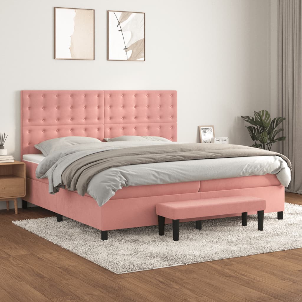 Κρεβάτι Boxspring με Στρώμα Ροζ 200x200 εκ. Βελούδινο - Pakobazaar