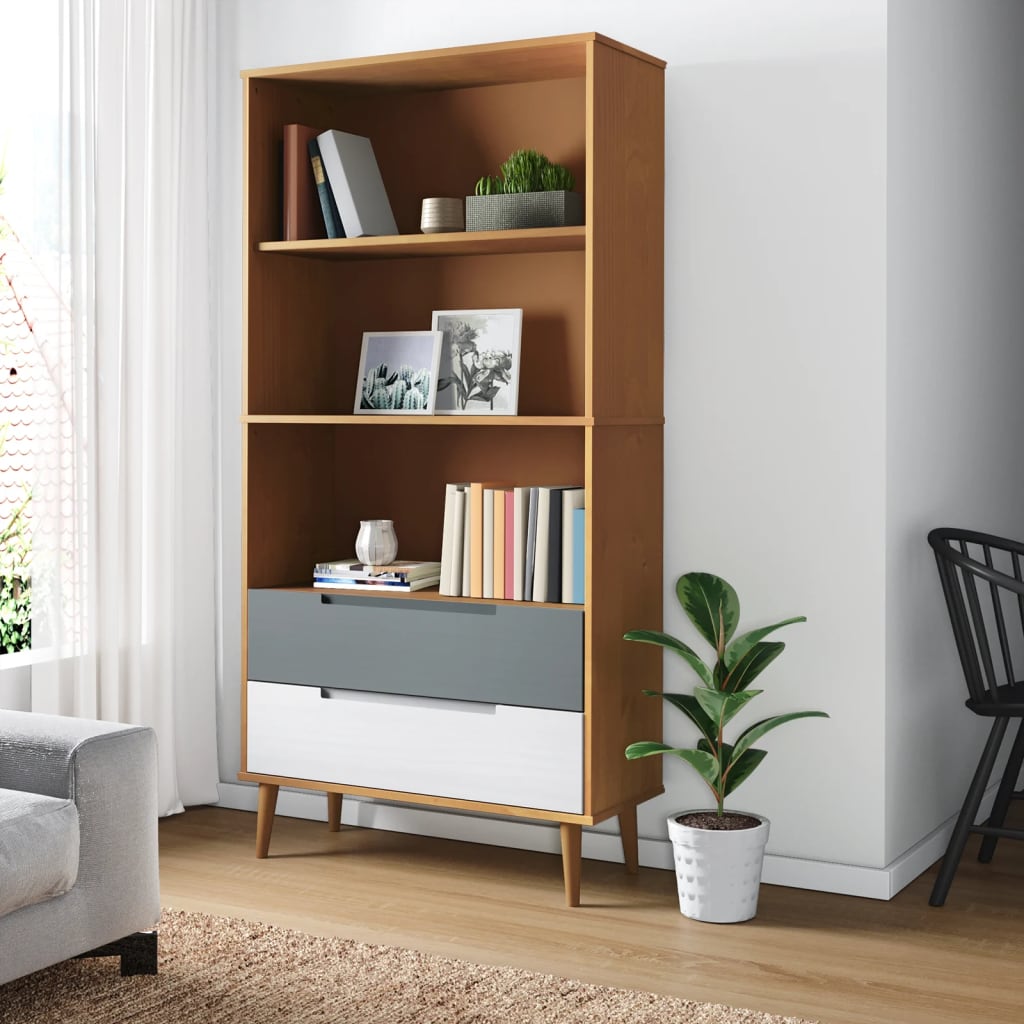 Βιβλιοθήκη MOLDE Καφέ 85x35x170,5 εκ. από Μασίφ Ξύλο Πεύκου - Pakobazaar