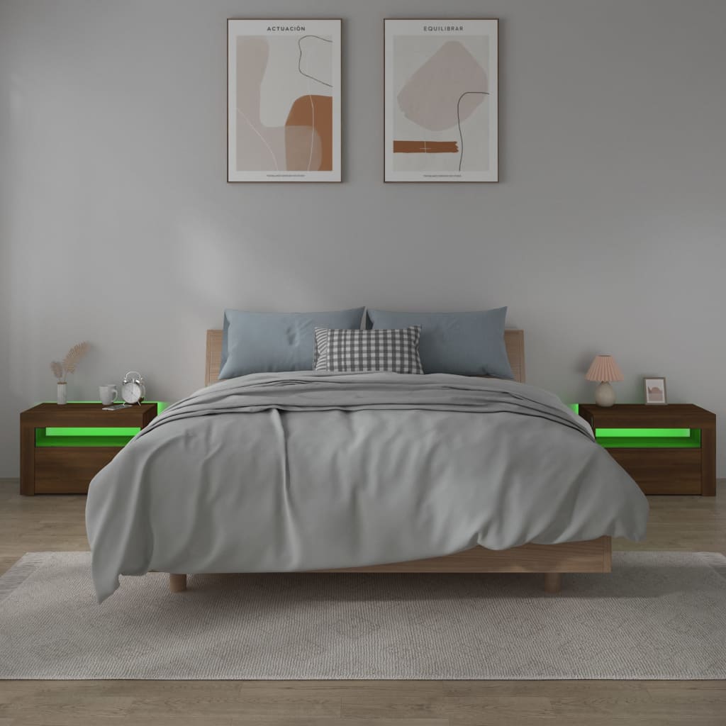 Κομοδίνα με LED 2 τεμ. Καφέ Δρυς 60 x 35 x 40 εκ.