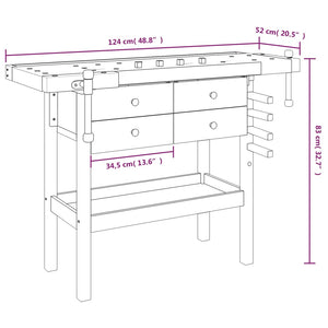 Πάγκος Εργασίας με Συρτάρια/Μέγγενες 124x52x83 εκ. Μασίφ Ακακία - PAKOBAZAAR
