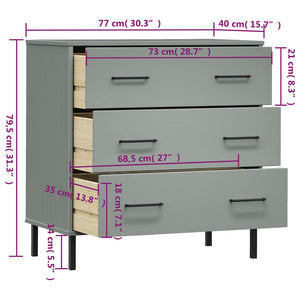 Ντουλάπι OSLO με 3 Συρτάρια Γκρι 77x40x79,5 εκ. Μασίφ Ξύλο